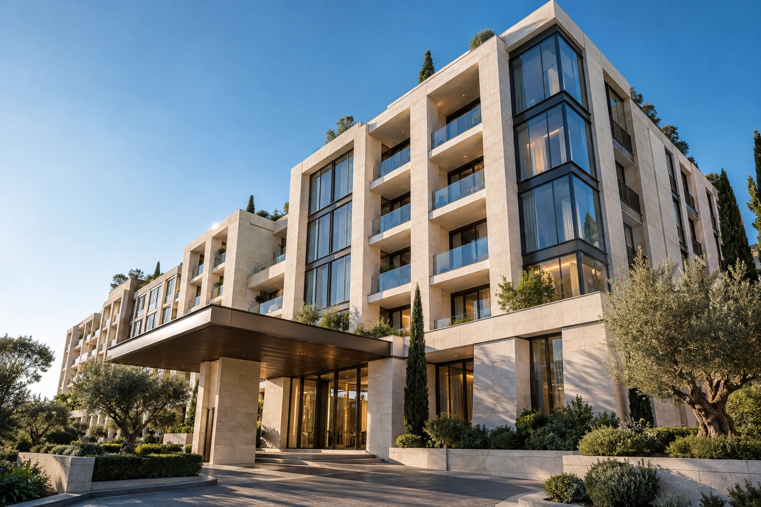Contemporary limestone and glass building under a clear blue sky